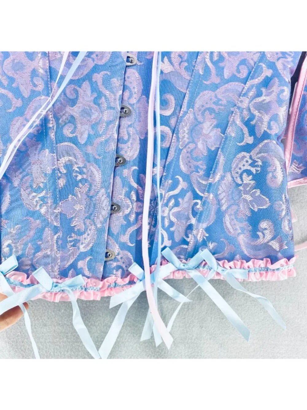 Womens Corset Large Blue Pink Satin Bustier Lingerie Set G String Bows